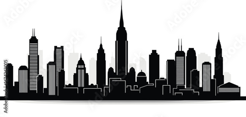 Flat vector illustration of New York City skyline, urban cityscape silhouette, modern skyscrapers, iconic architecture, black and white design, downtown buildings.