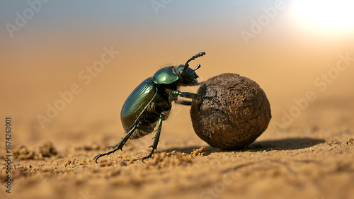 Dung beetle pushing a ball of feces across a sandy desert landscape