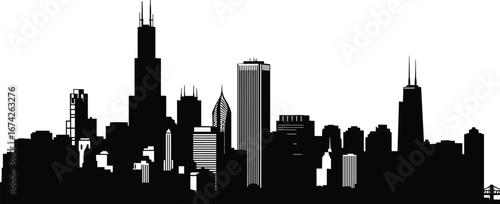 Flat vector illustration of Chicago skyline, Willis Tower, skyscrapers silhouette, urban cityscape, modern architecture, famous landmark, travel destination, city skyline vector art.