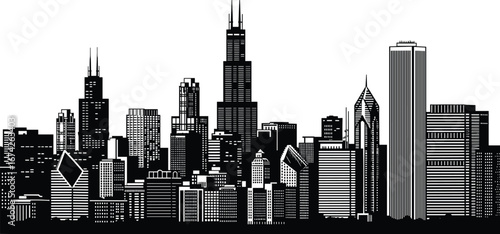 Flat vector illustration of Chicago city skyline, Willis Tower silhouette, detailed urban buildings, cityscape design, black and white vector art, modern architectural skyline.