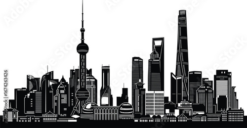 Flat vector illustration of Dubai skyline with iconic skyscrapers, Burj Khalifa, modern architecture, palm trees, cityscape, urban skyline design.