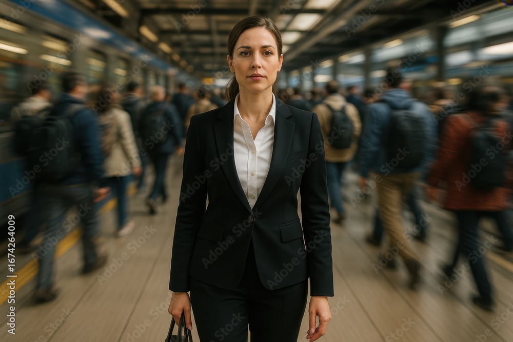 Fototapeta premium Urban commuter navigating busy metropolitan subway platform during evening rush hour