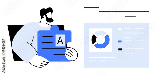 Man holding document-inspired puzzle piece with textual content, next to a data dashboard with chart and organized details. Ideal for teamwork, problem-solving, business strategy, analytics