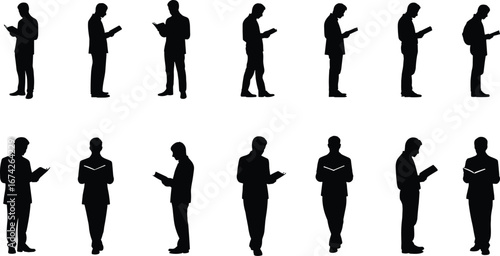 Silhouette of business people reading books, isolated on white background, knowledge concept, professional learning, corporate education, office training scene.