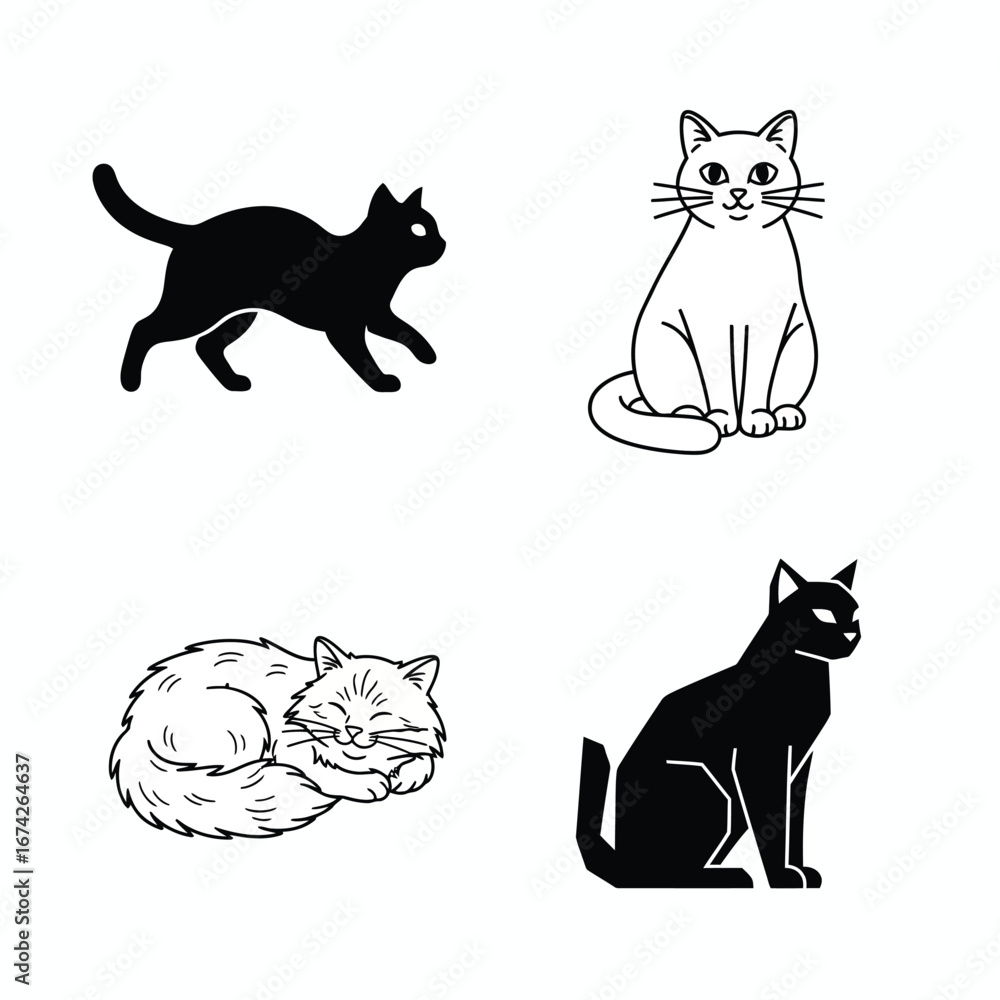 Fototapeta premium Adorable Cat Illustrations Four Poses in Simple Line Art