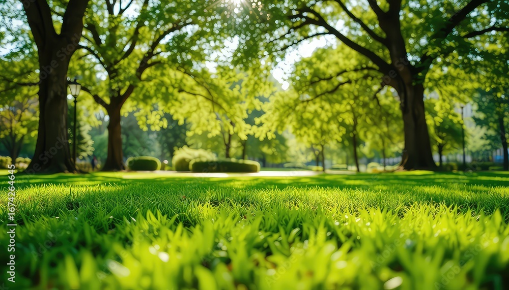 Obraz premium Sunlight filters through canopy as lush, green grass invites relaxation in an outdoor setting.