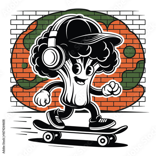 Broccoli character with headphones and cap skateboarding near brick wall vegetable