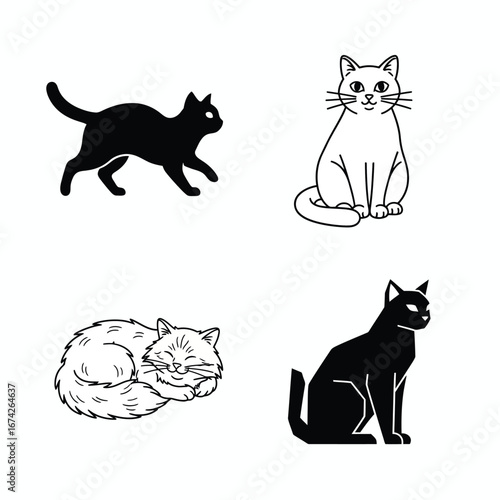 Adorable Cat Illustrations Four Poses in Simple Line Art