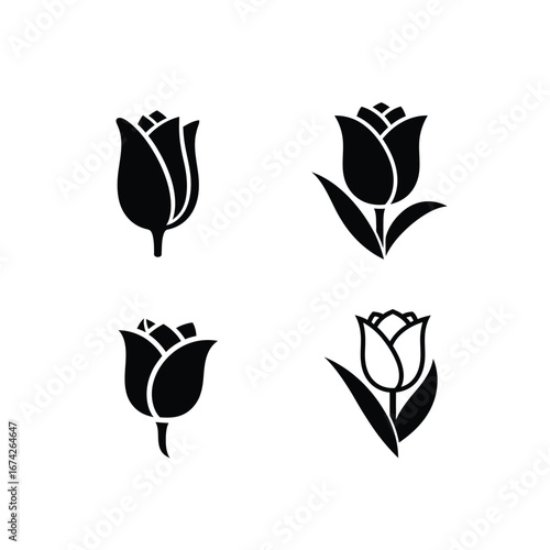 Set of four stylized black tulip flower icons on a white background, elegant floral design elements for various applications