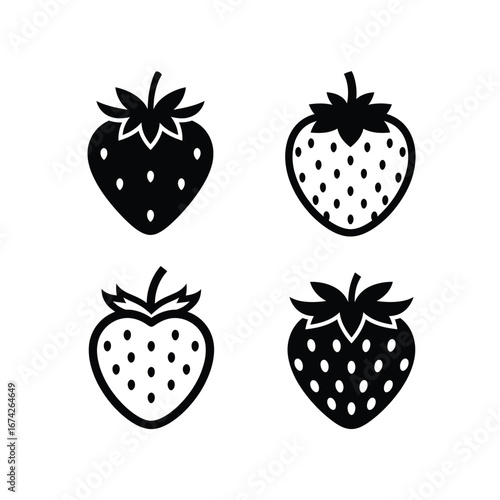 Set of four black and white strawberry icons for digital and print use, representing fruit and healthy eating