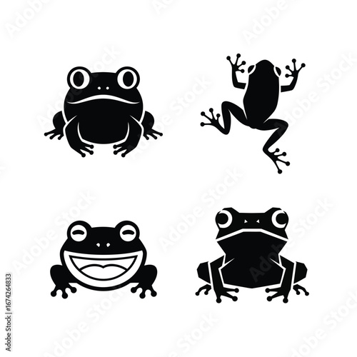 Collection of stylized frog illustrations with varied expressions and poses, perfect for graphic design and educational materials