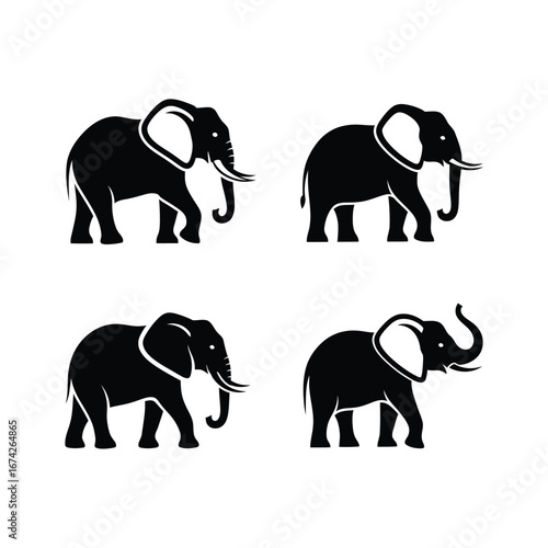 Vector illustration of elephant silhouettes showcasing various poses and orientations for design usage