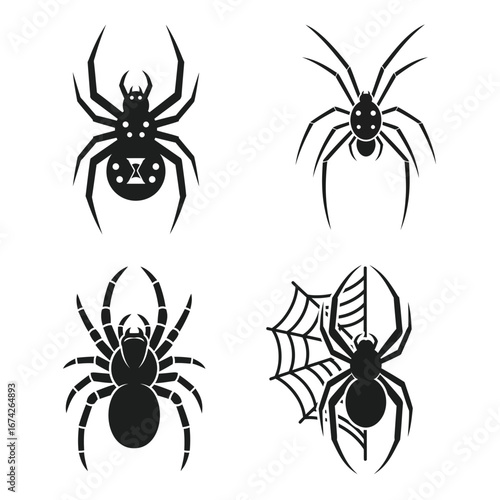 Set of four black spider icons for Halloween decor. Vector illustrations of scary arachnids, including a black widow and a spider on a web, isolated on white