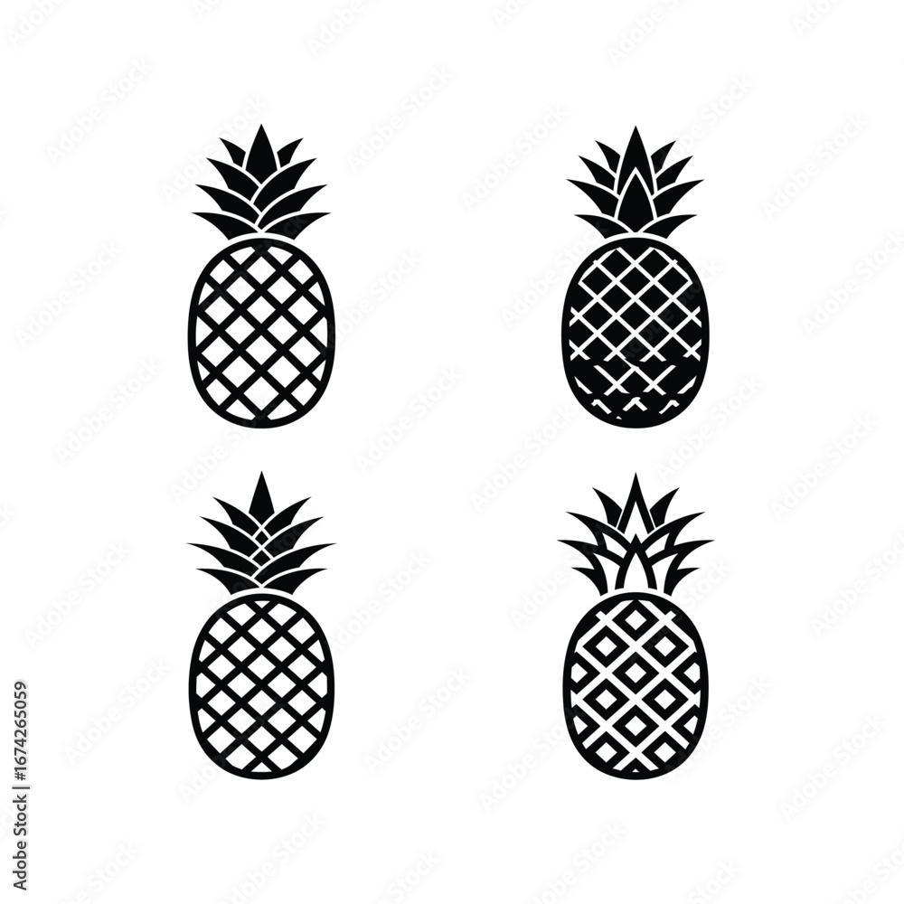 Obraz premium Vector set of four black pineapple illustrations. Minimalist tropical fruit icons with different patterns isolated on a white background