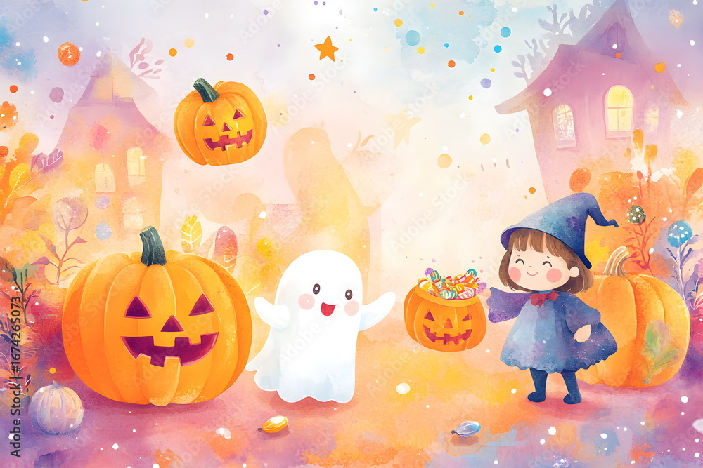 Fototapeta premium Cute Halloween illustration with smiling pumpkins, friendly ghosts, and children in costumes collecting candy, designed in playful pastel tones with a soft watercolor style, festive, charming.