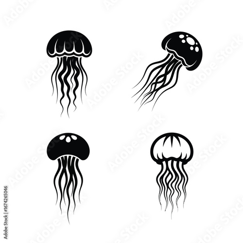 Stylized black silhouettes of marine jellyfish floating gracefully, presented as a versatile collection of aquatic ocean creatures for design elements