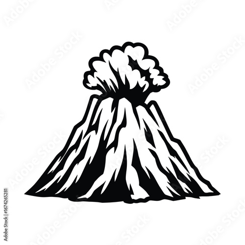 Striking black and white illustration of a powerfully erupting volcano, symbolizing the intense raw force and dynamic energy of natural geological phenomena. A compelling visual