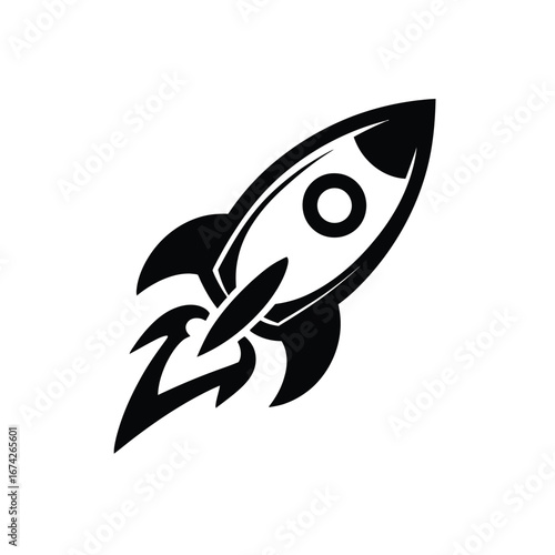 Dynamic black and white vector illustration of a rocket launching into space, symbolizing rapid growth, startup success, and the powerful concept of innovation, progress, and future exploration