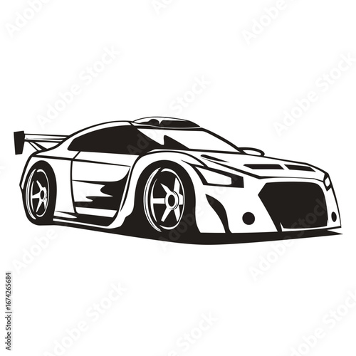 Monochrome vector art of a custom tuner car, showcasing aerodynamic design and a high-speed concept for motorsport enthusiasts