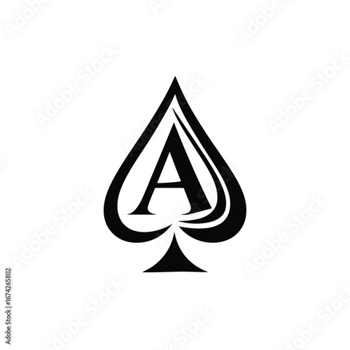 Stylized ace of spades icon featuring the letter A. A sophisticated black and white vector symbol for gaming, poker, and luxury branding