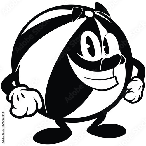 Delightful black and white cartoon beach ball character, winking with a friendly smile and confident stance, radiating playful summer vibes and lighthearted fun for design projects