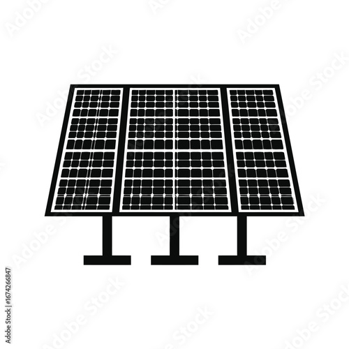 A simple black and white icon of a solar panel array, symbolizing renewable power, green energy, and sustainable electricity technology
