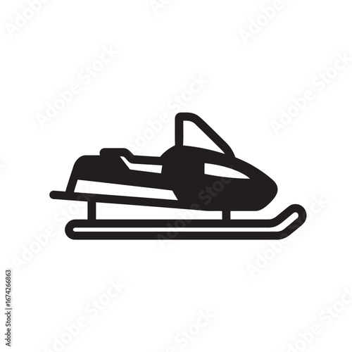 Clean vector illustration of a snowmobile, designed in a minimalist black silhouette style for winter sports and outdoor adventure graphics, symbolizing speedy transportation across snowy landscapes
