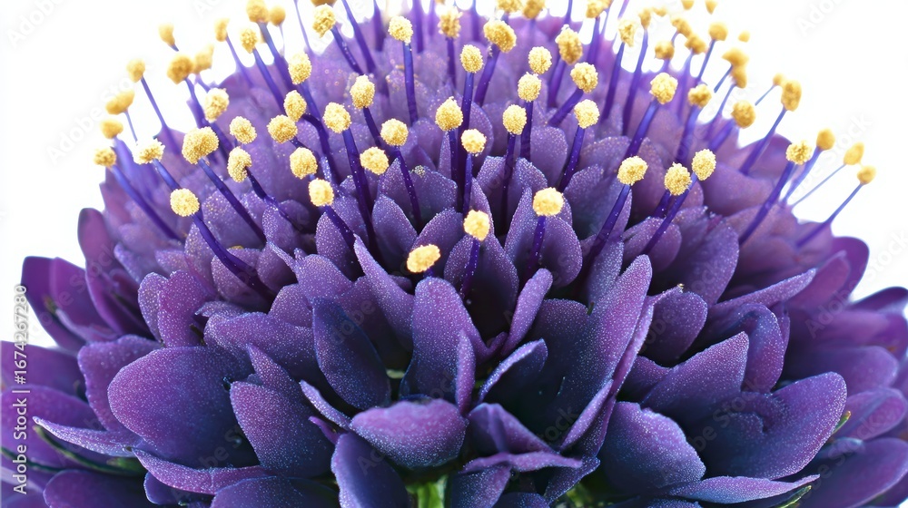 Obraz premium Close-up of devils bit scabious flower showcasing vibrant violet petals and intricate round bloom in soft natural light with white background