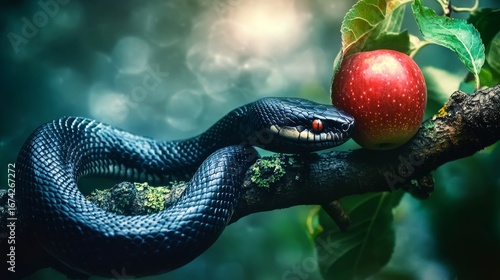 In a captivating and mystical forest setting, a mysterious snake is entwined around a forbidden apple
