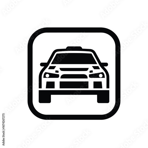 Front view of a rally car icon, modern design, black and white