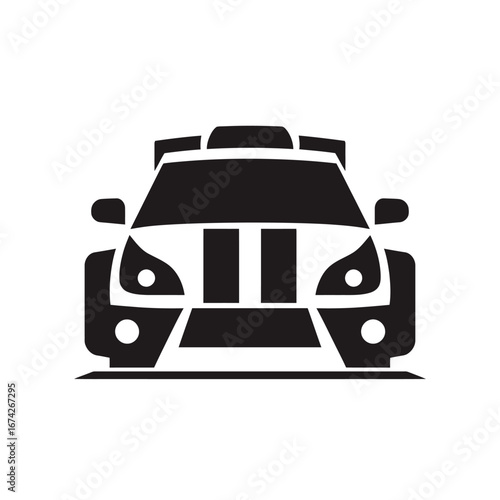 Front view of a black rally car icon, perfect for automotive, racing, or sports designs