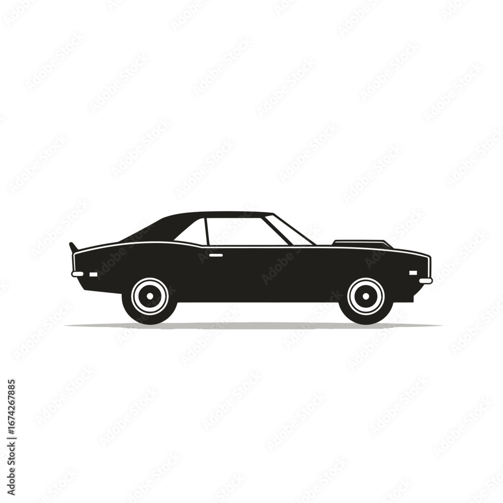 Obraz premium Simple black silhouette of a classic American muscle car. Side profile vector graphic of a powerful vintage sports coupe isolated on white
