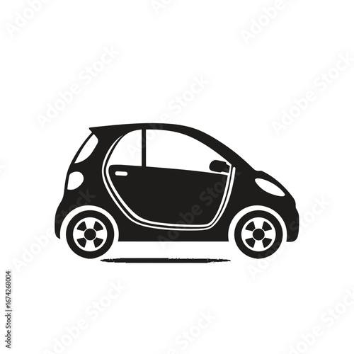 Modern flat design icon of a compact city car. Simple black silhouette of a small vehicle for urban mobility and transportation
