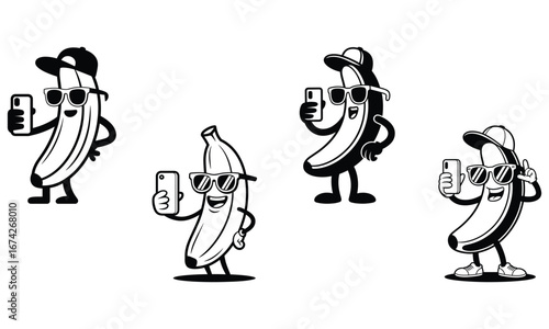 Four Cool Bananas Wearing Sunglasses and Hats Taking Selfies fruit food