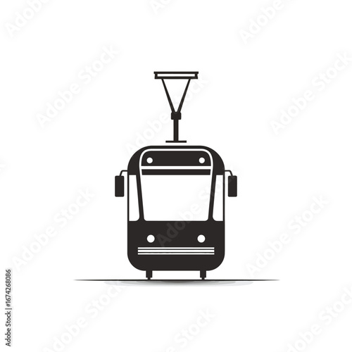 A sleek, minimalist icon captures the essence of urban public transport, representing a modern tram or streetcar vehicle. This graphic concept embodies efficiency and city mobility