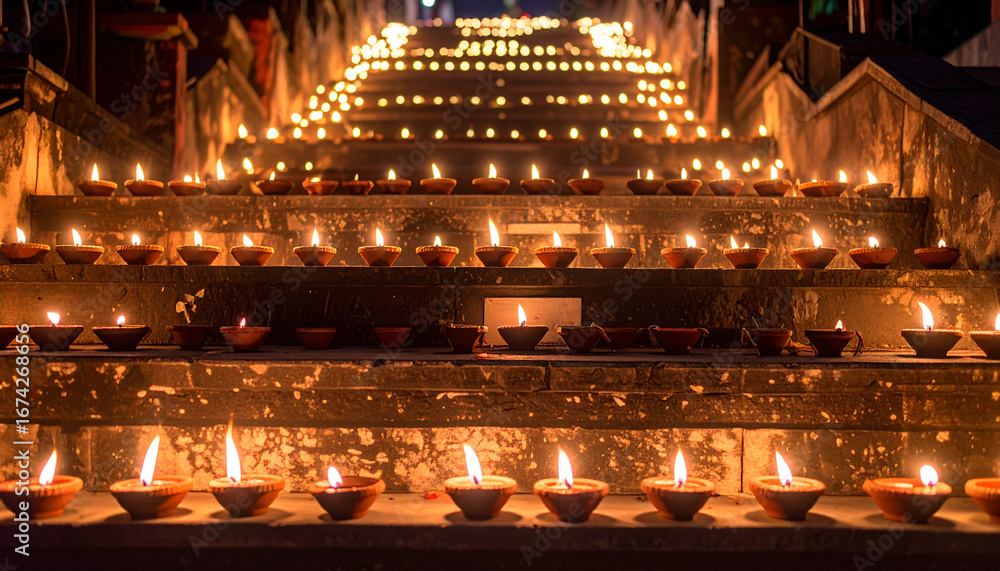 Obraz premium Hundreds of Glowing Oil Lamps Arranged on Stone Stairs Illuminating Pathway During Diwali Festival Celebration at Night with Traditional Clay Diyas Creating Warm Festive Atmosphere