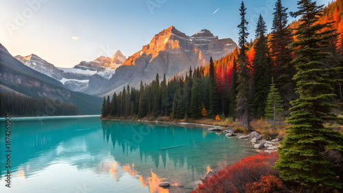 Turquoise lake reflects snow capped mountains and autumn trees at sunrise nature water