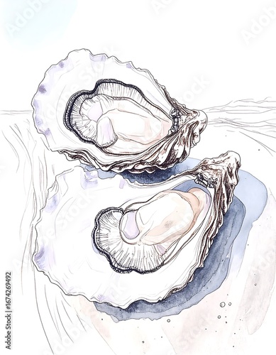 Two delicate oyster shells, rendered in a detailed sketch, showcasing intricate textures and soft pastel colors.