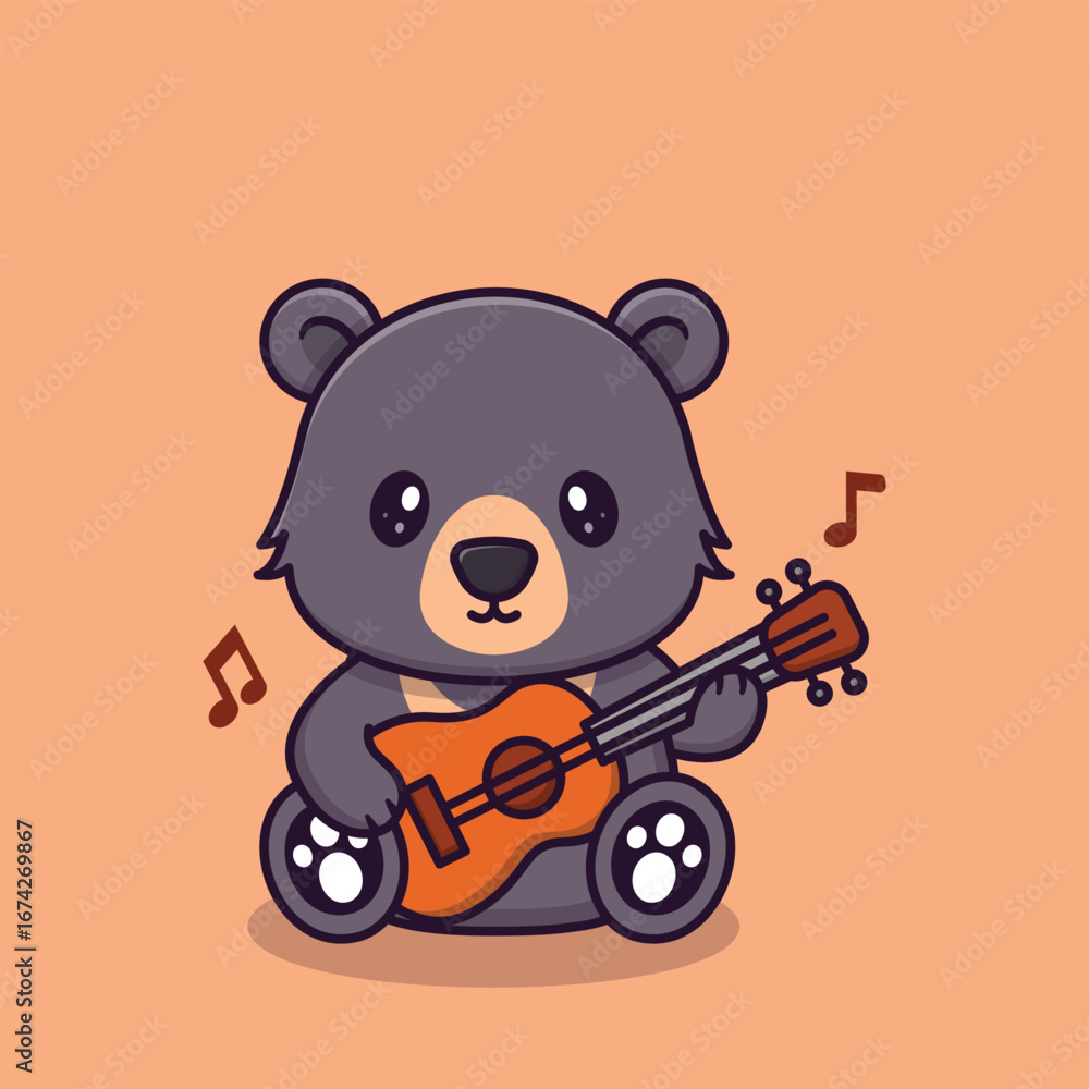 Obraz premium Cute Sun Bear Playing a Guitar Adorable Cartoon Mascot Character Sitting and Playing Music with a Happy and Cheerful Expression