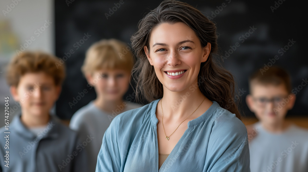 Fototapeta premium A teacher smiles with students, the cheerful scene illuminated by gentle light. Teacher, students, with copy space