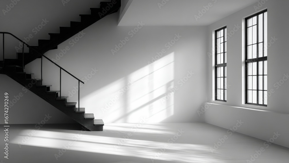 Obraz premium Empty room with stairs and big windows. Sunlight casts shadows