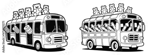 Two cartoon buses filled with teddy bears and lollipops on white background candy