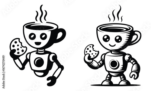 Two Cartoon Robots Holding Cookies And Coffee Cups drinks