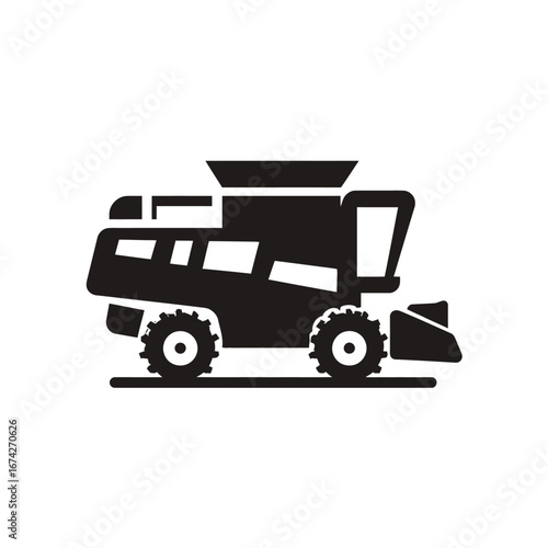 Black and white illustration of a modern combine harvester, a agricultural machine for harvesting grain crops