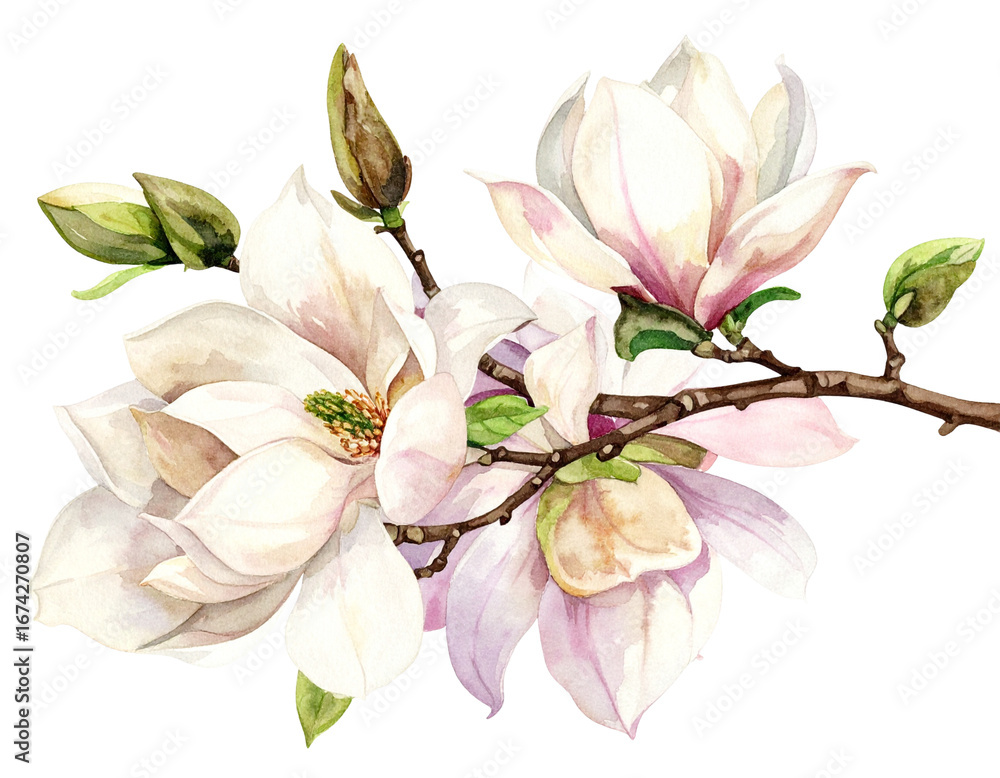 Obraz premium Romantic White Magnolia Twig with Blooming Flowers in Hand-Painted Watercolor Style