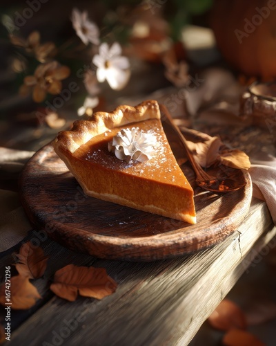 Pumpkin pie slice with whipped cream on wooden plate, floral background, holiday use