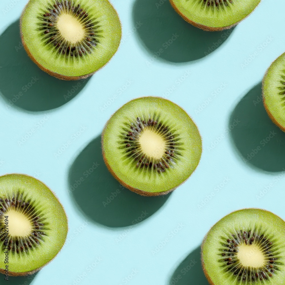 Fototapeta premium Sliced kiwi fruit pattern, pastel blue background, summer food photography, healthy eating concept