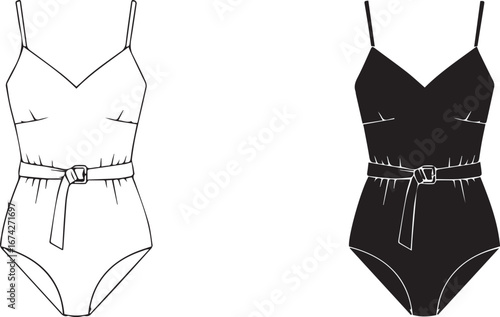 Black and White Line Art of a One- Piece Swimsuit with Belt one-piece swimwear