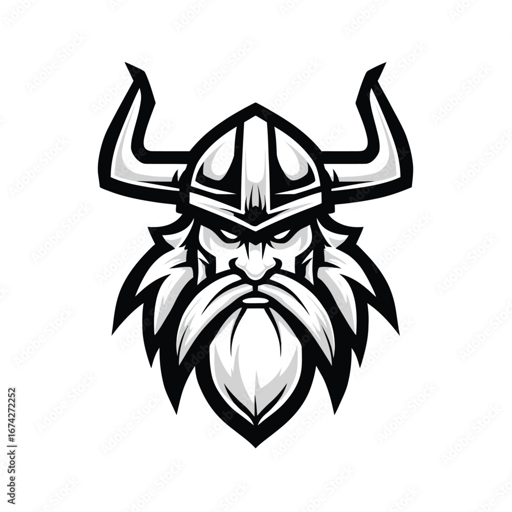 Fototapeta premium Viking warrior with a fierce expression, wearing a horned helmet and a long beard, stylized graphic design
