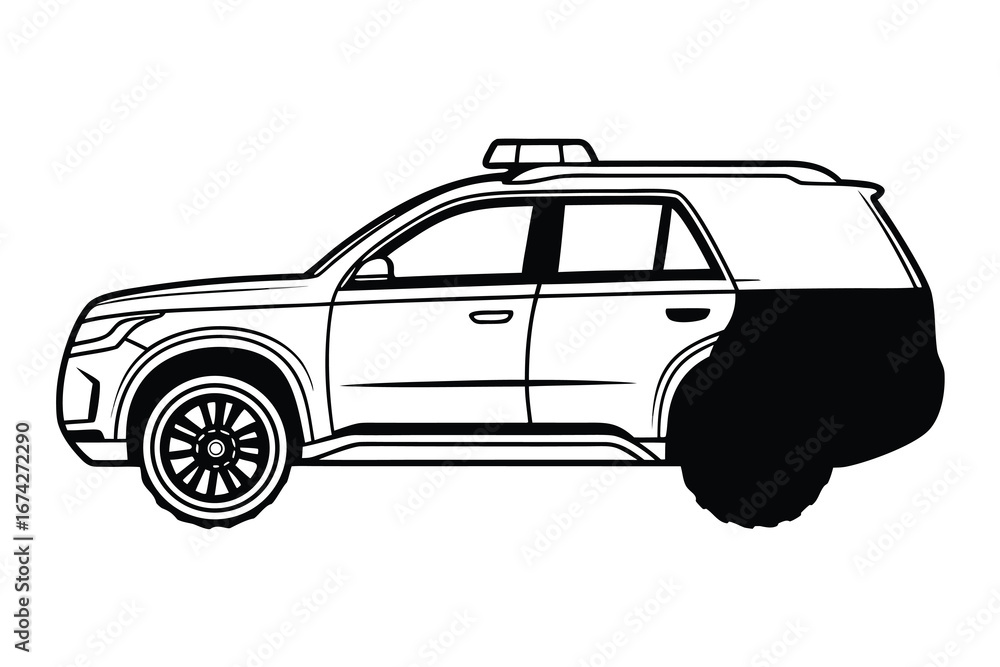 Naklejka premium Black and white SUV line art illustration on a white background offering a contemporary feel perfect for creative projects and designs